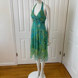 Vintage Sue Wong 100% Silk Green Halter Handkerchief Dress Beaded Size M